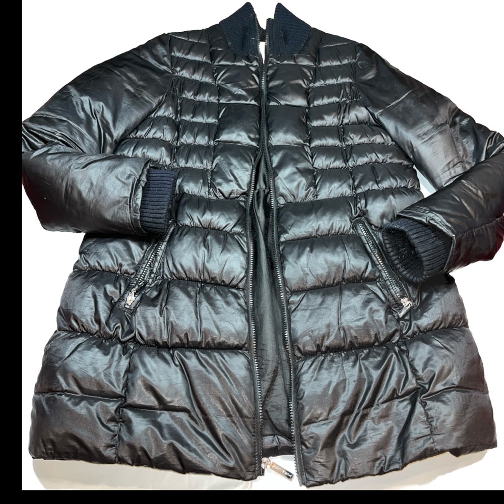 Betsey Johnson BLACK LONG Puffer COAT Zip Pockets Knit Ribbed High Collar Cuff L